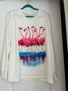 White Long Sleeve Tee with Pink Flamingo Watercolor Print